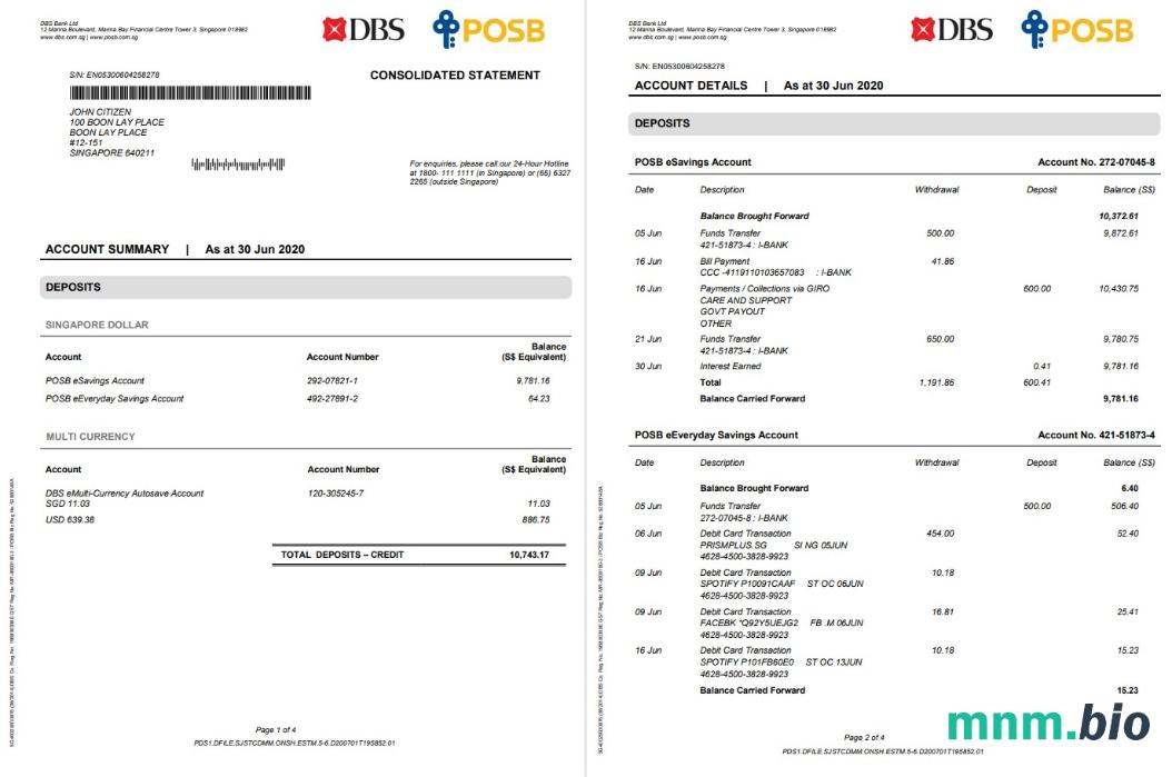 Singapore DBS bank dowód adresu szablon wyciągu w .xls i .format pdf
